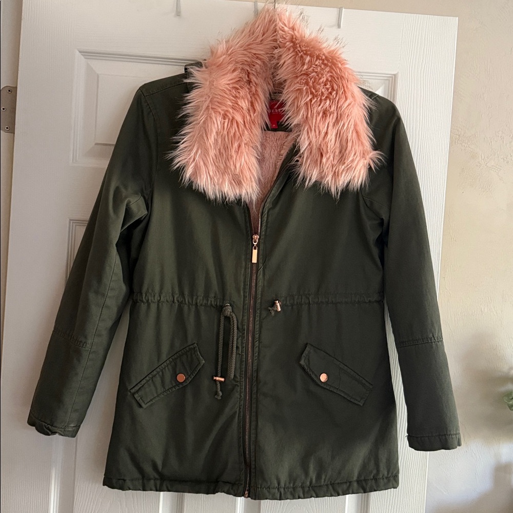 Guess Olive Jacket with Pink Fur Hood